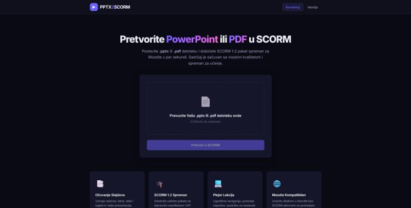 PPTX2SCORM’s page, in Serbian: a box to drop a .pptx or .pdf file, a “Convert to SCORM” button, and four short feature descriptions.