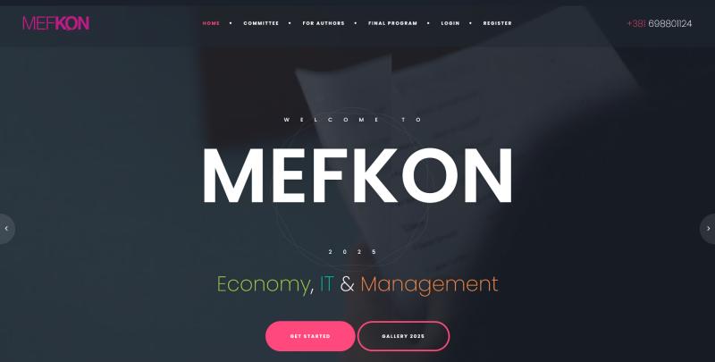 The MEFkon 2025 conference website: “Economy, IT & Management”, with links for authors, the program, login and registration.
