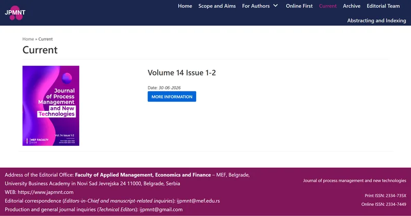 The JPMNT website’s Current page: the cover of Volume 14, Issue 1-2, dated 30 June 2026, under a dark blue menu with Scope and Aims, For Authors, Online First, Archive and Editorial Team.