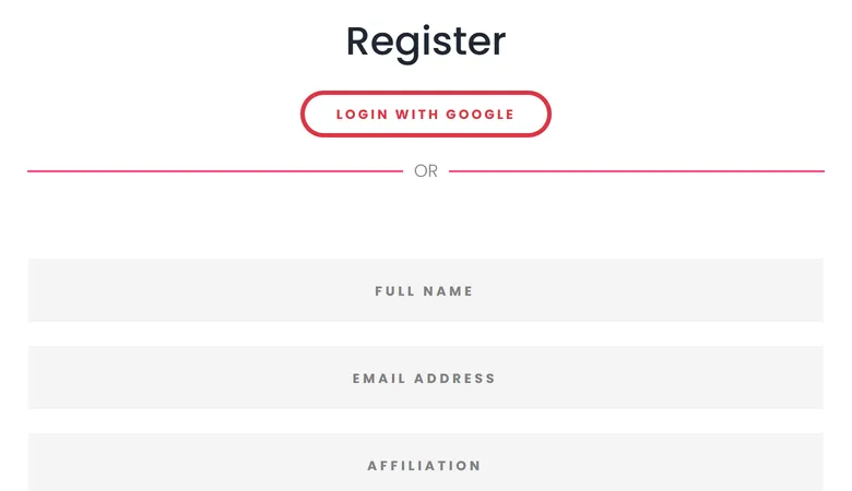 MEFkon’s registration form: a “Login with Google” button, or fields for full name, email address and affiliation.