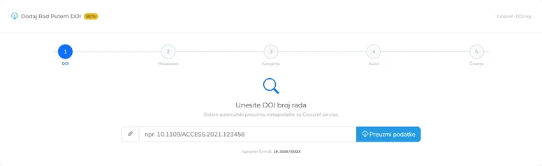 Adding a paper by DOI, marked beta: a field for the DOI and a button that fetches the details from Crossref, under five steps: DOI, metadata, category, authors, save.