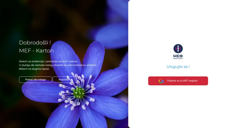 NIR’s sign-in page, titled MEF – Karton, “a system for recording and tracking scientific papers”, with a button to sign in with an MEF email.