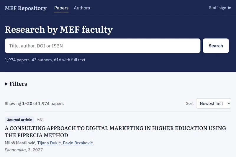 NIR’s public repository, “Research by MEF faculty”: a search box for title, author, DOI or ISBN, a count of 1,974 papers by 43 authors, 616 with full text, and the newest papers listed below.